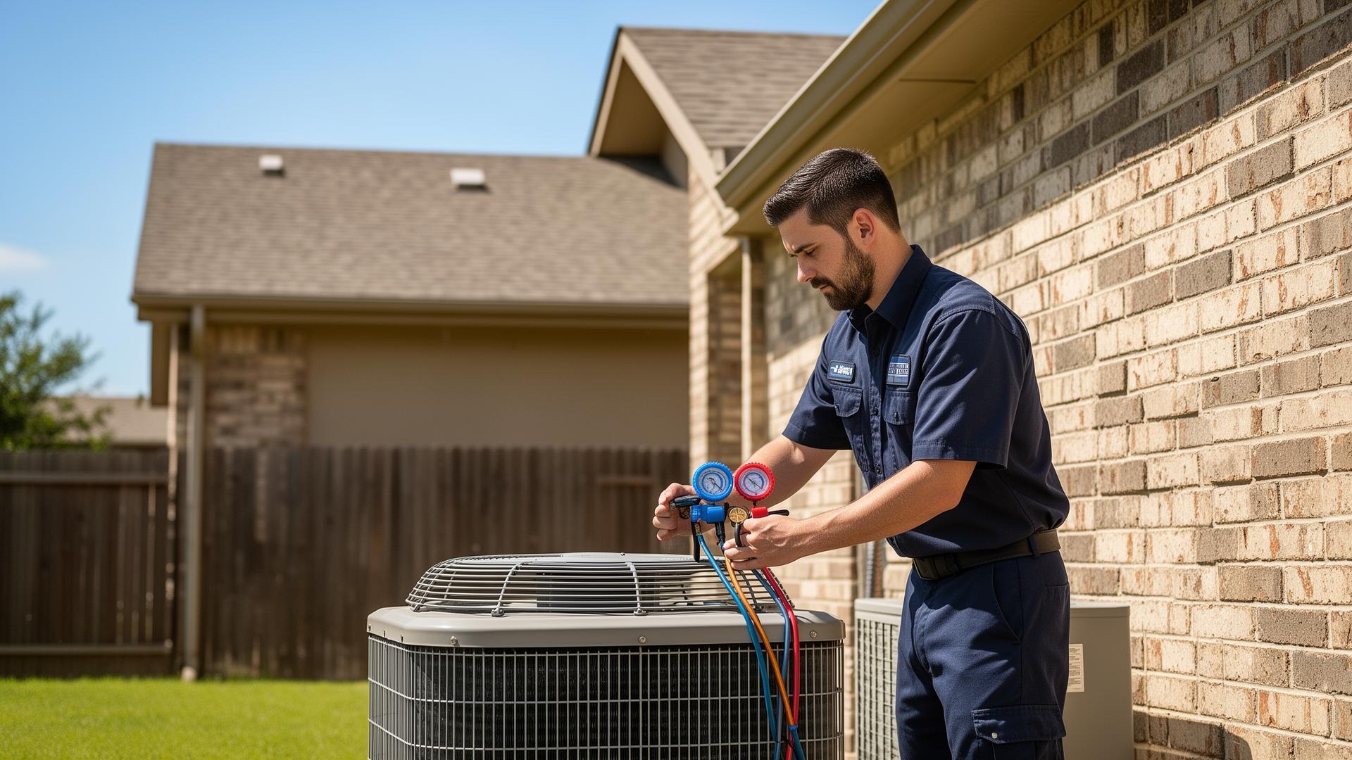 HVAC technician servicing an outdoor AC unit